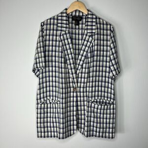 Vintage Requirements Linen Blend Plaid Blazer Navy/White/Biege Size 16W
